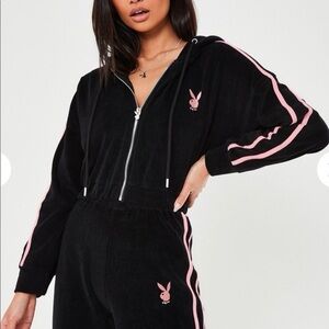 PLAYBOY Black Velour Zip Hoodie with Pink Stripes